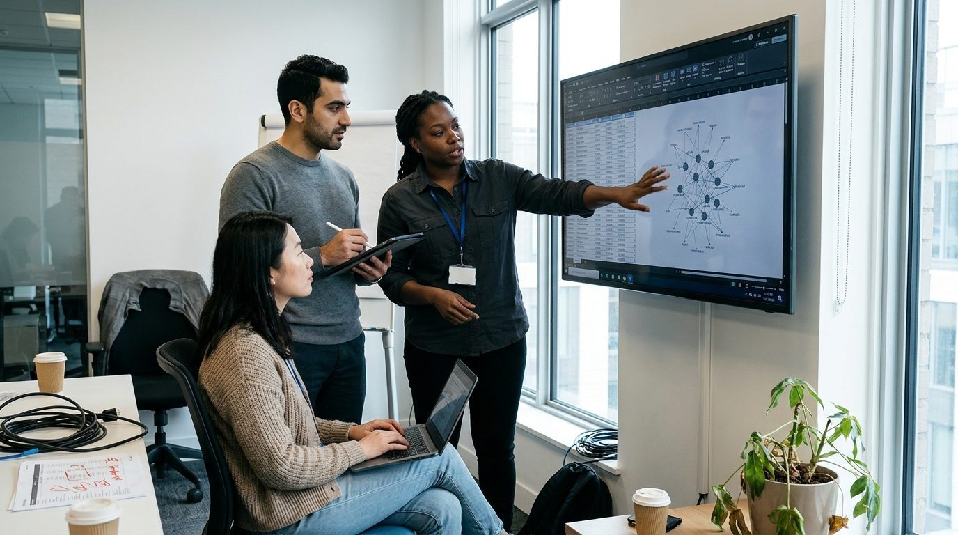 Three colleagues at a wall monitor showing a data table and relationship graph, one explaining while a colleague takes notes on a laptop