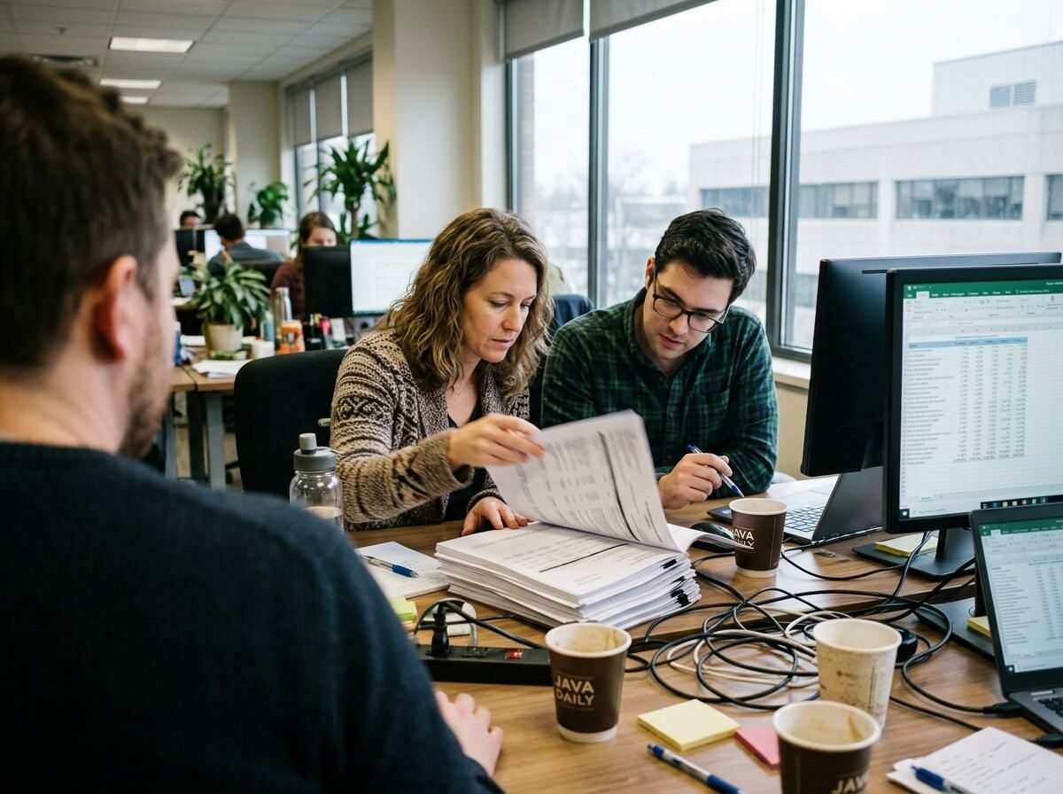 A small team working through a stack of printed documents at a shared desk