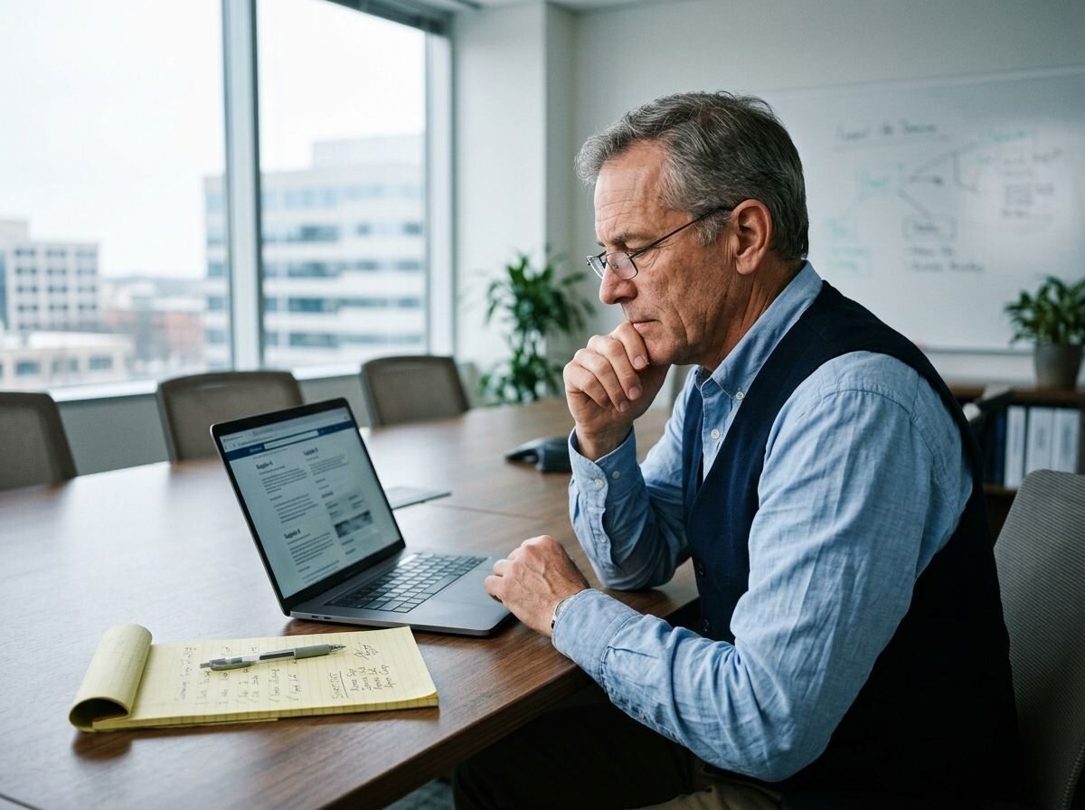 A procurement manager alone in a meeting room, comparing suppliers on a laptop