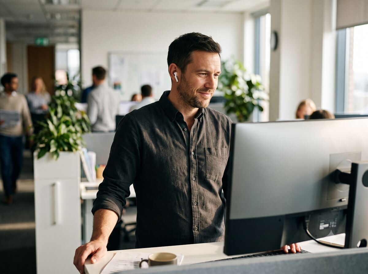 A salesperson at a standing desk reading a prepared enquiry brief on screen