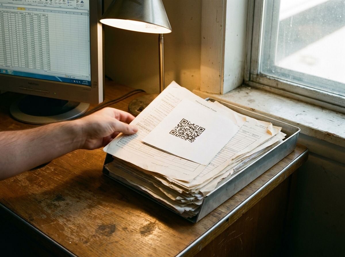 A tray of paper forms with a QR cover sheet beside a screen of structured data