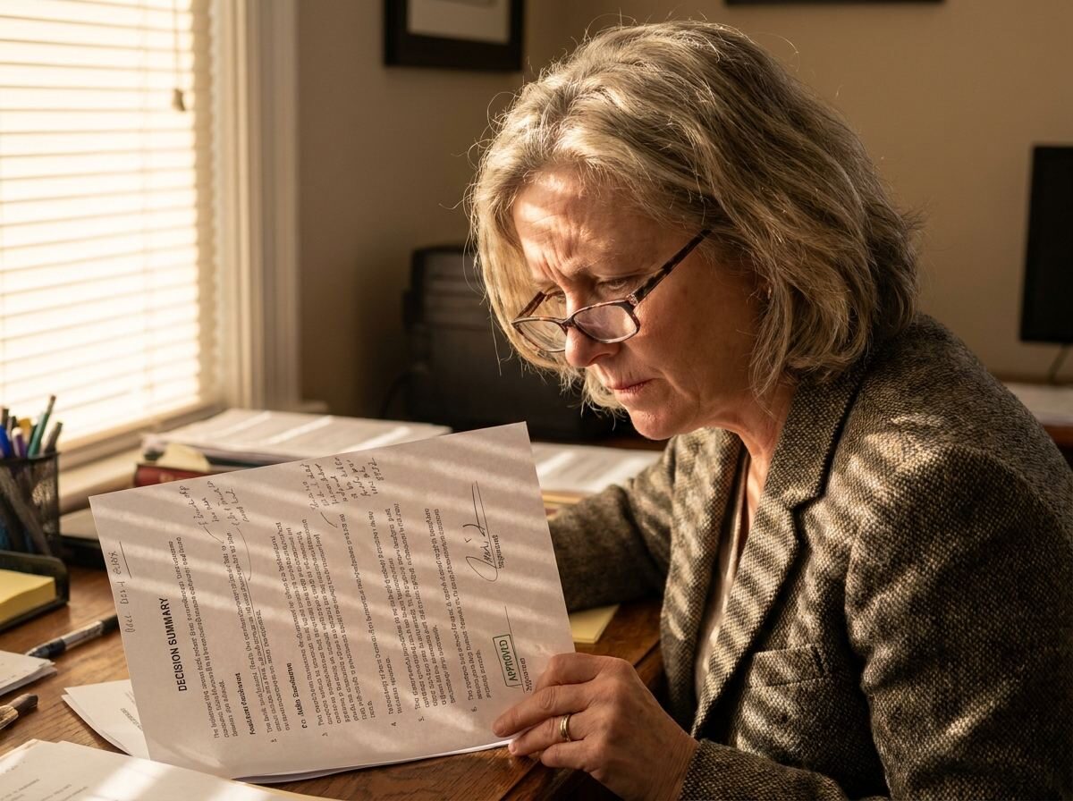A department head reading a short printed decision summary, pen at the approval line