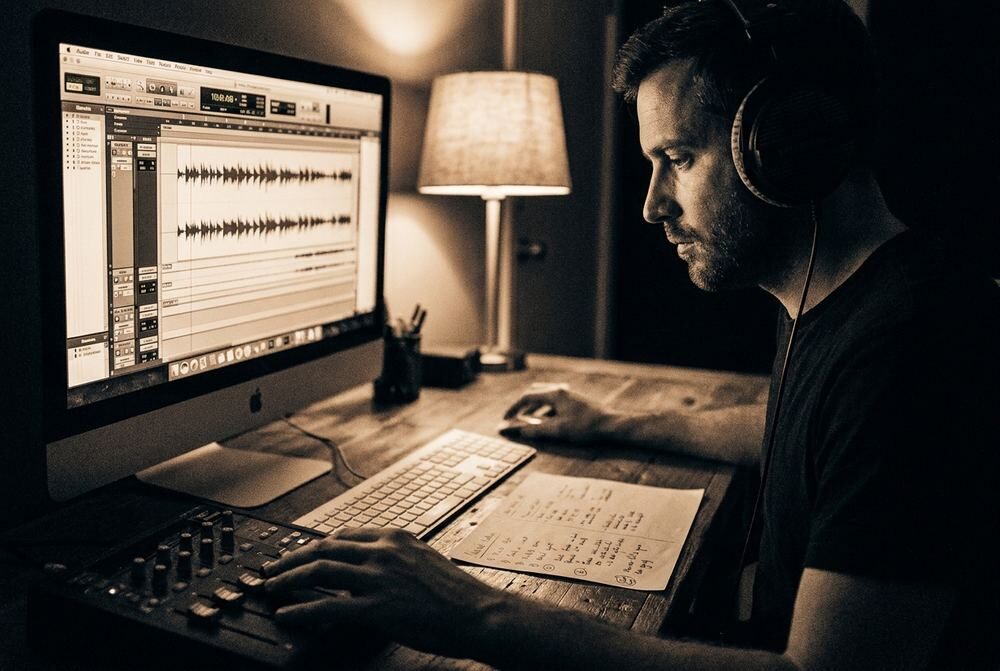 A producer in headphones reviewing a long audio timeline in a studio