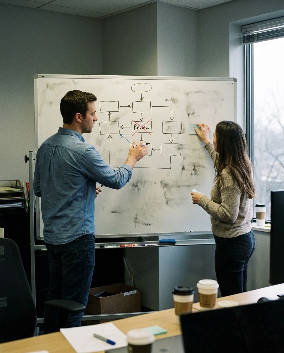 Two people at a whiteboard mapping a workflow in marker, one mid-gesture