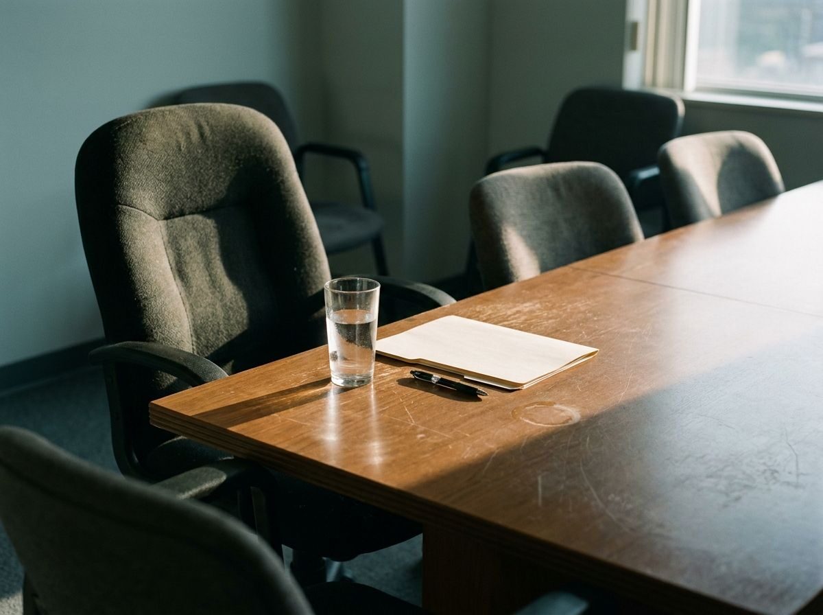 An empty chair at a meeting table, an untouched glass of water and a closed folder in front of it